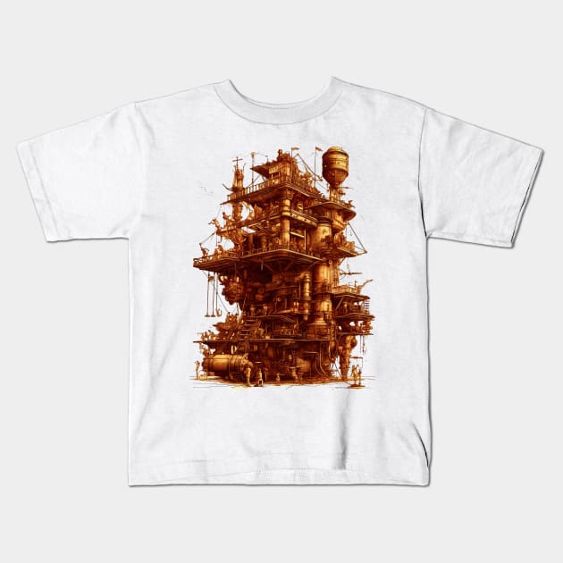 Victorian Rube Goldberg Steampunk Machine Architecture Kids T-Shirt by entwithanaxe